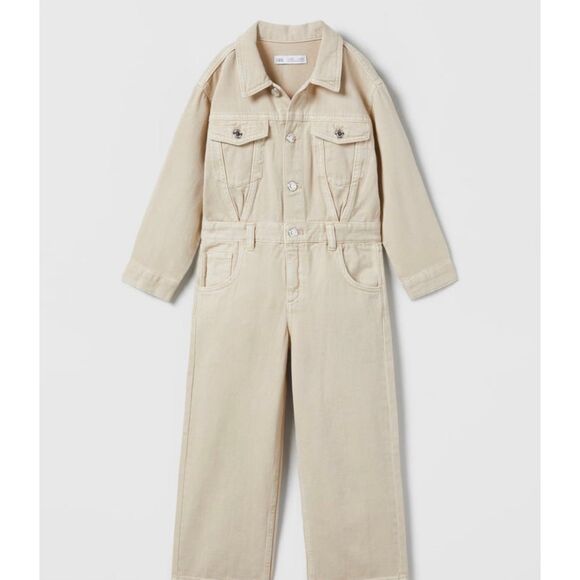 Zara Full Length Denim Overall Long Sleeve Wide Legs Buttons Tan Girls Size 09 - Picture 1 of 7